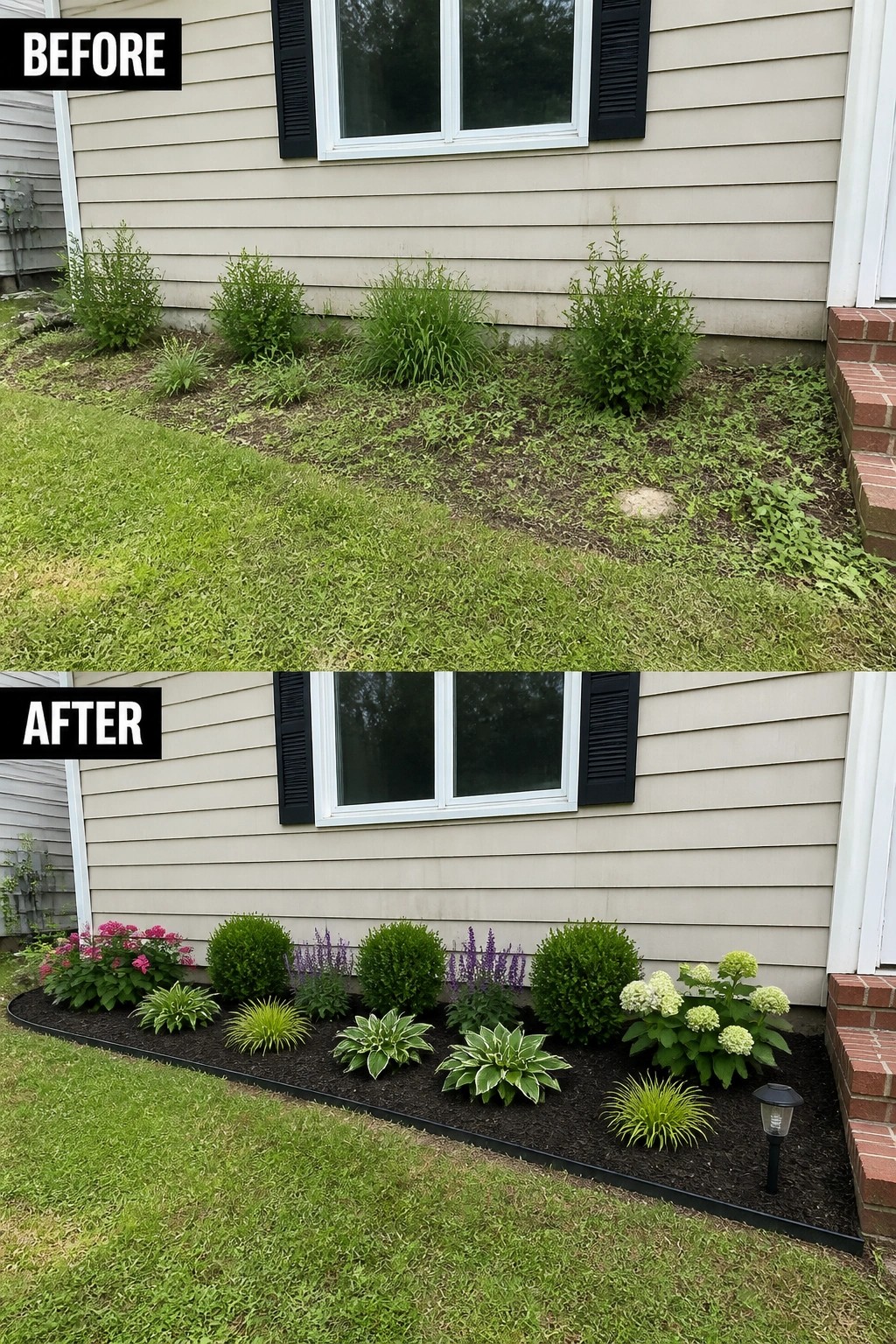 Before and after of overgrown weeds transformed into mulched garden bed with shrubs and flowers