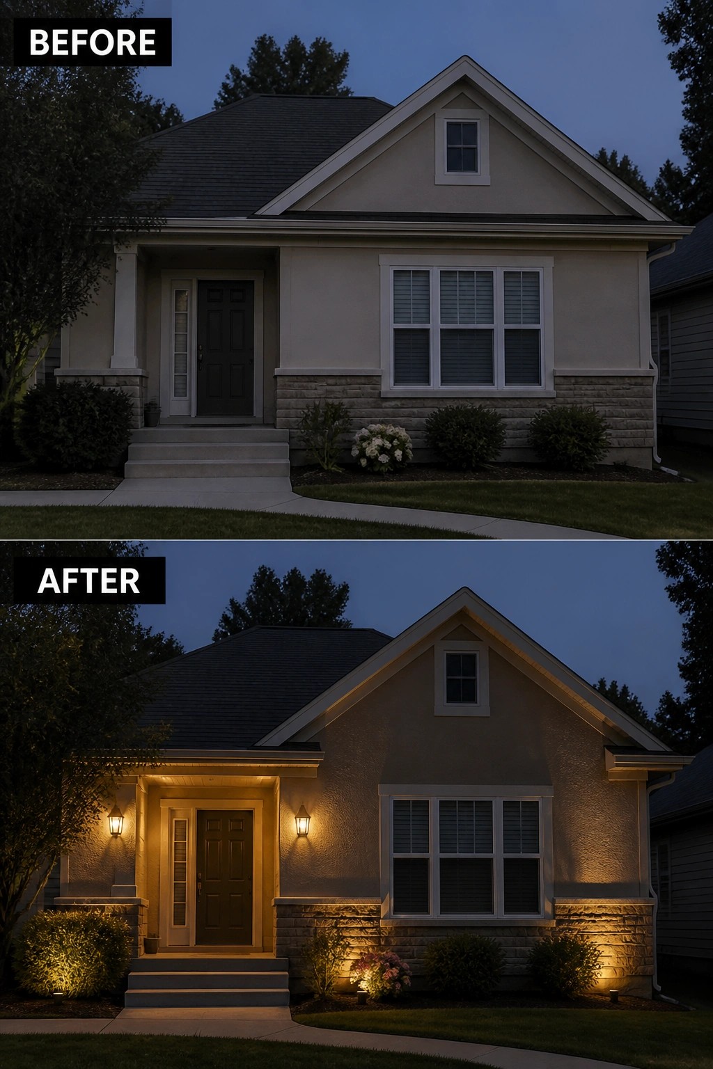 Before-and-after image of a house exterior showing added outdoor lighting around the entry, windows, and stone foundation.