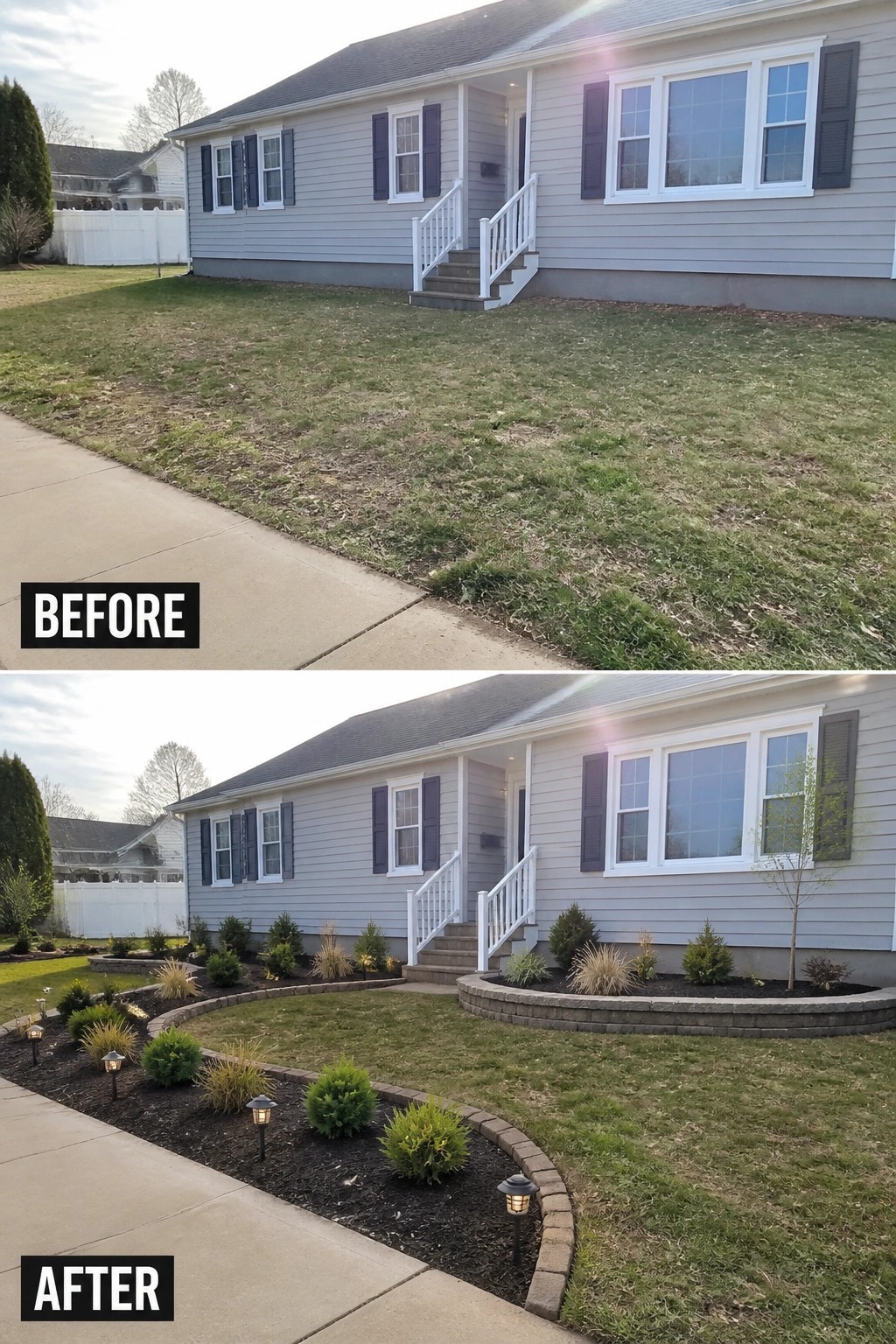 Before-and-after image of a house front yard changed from a plain lawn to one with curved garden beds, stone edging, mulch, plants, and pathway lights.