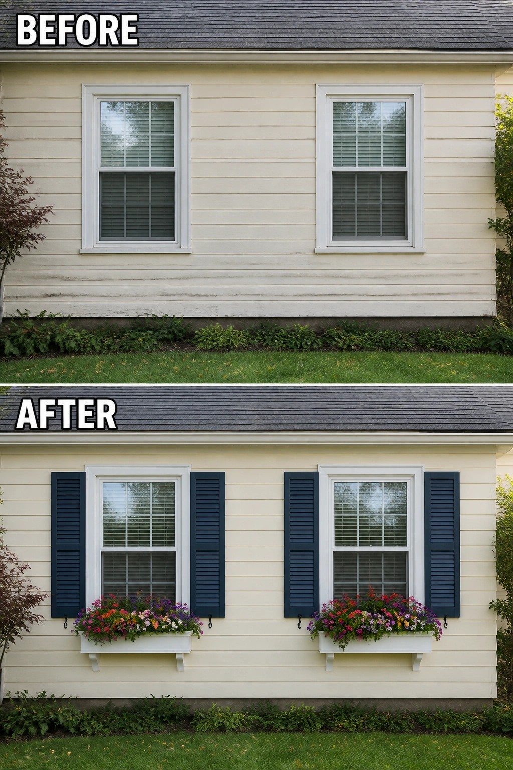 Before and after of house with added dark shutters and flower boxes.