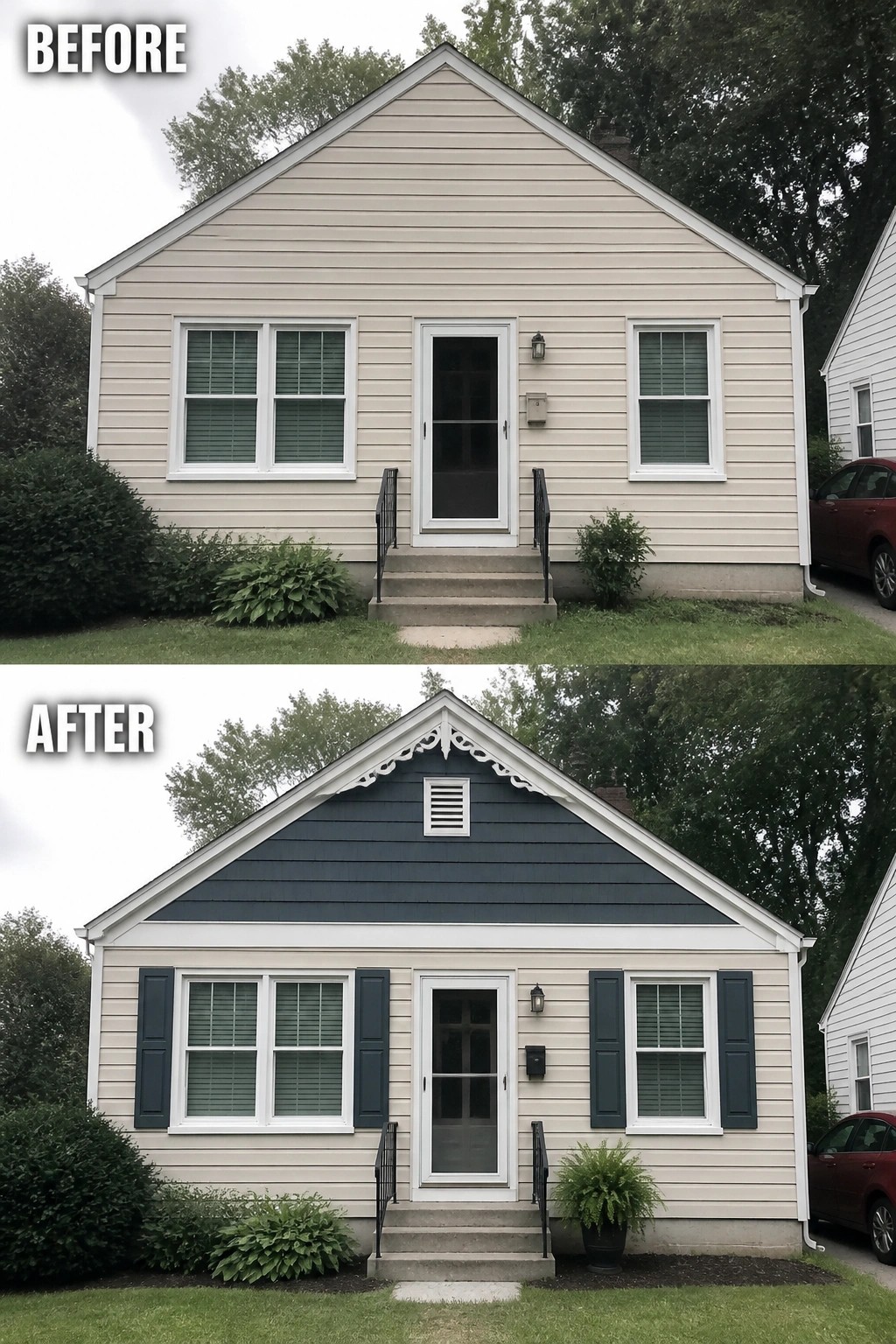 Before and after of house with new dark blue gable, shutters and trim added.