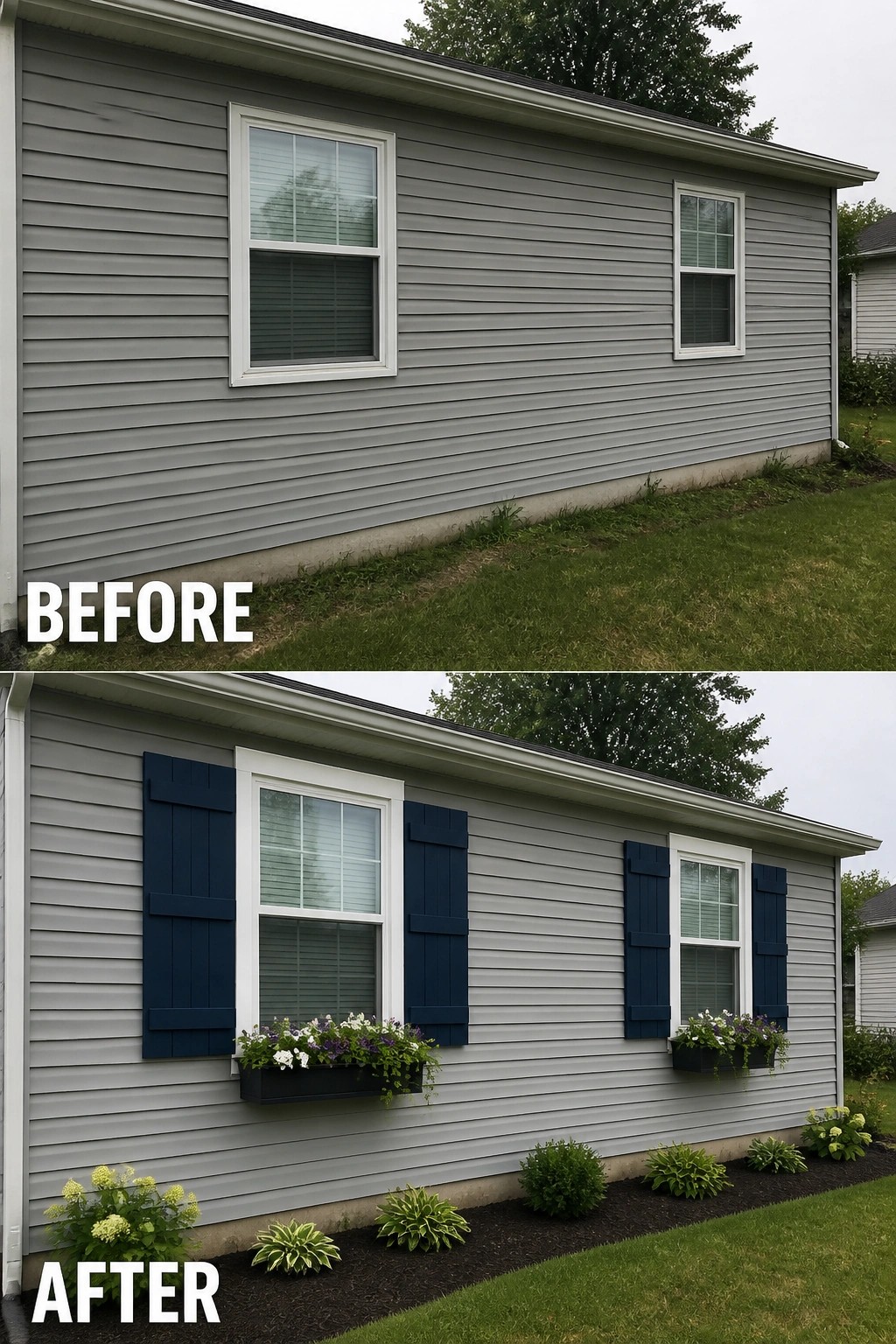Before-and-after of gray house with added blue shutters, flower boxes, and landscaping.