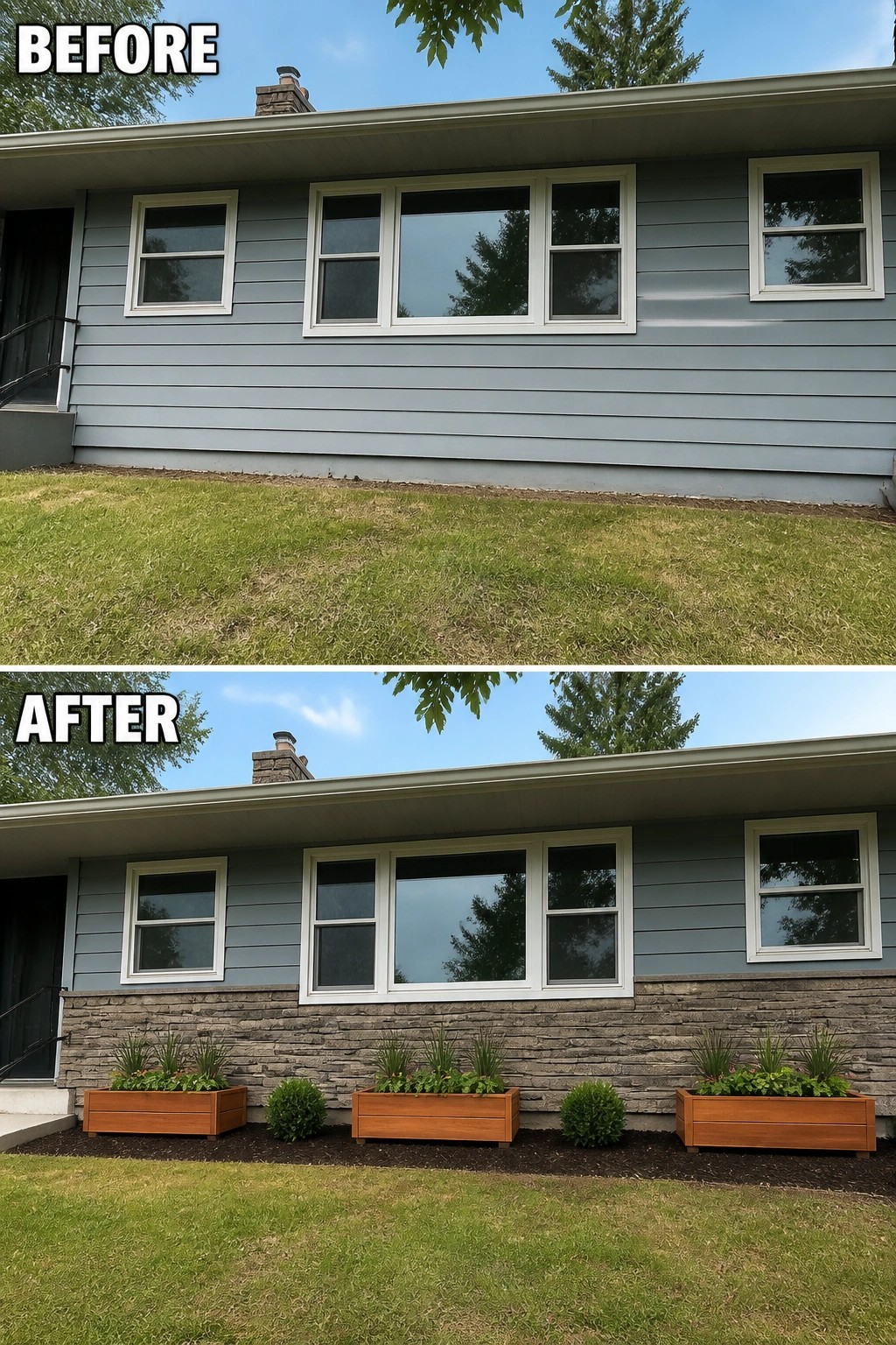 Before-and-after image of a house exterior showing plain siding updated with a stone veneer base and added wooden planters.