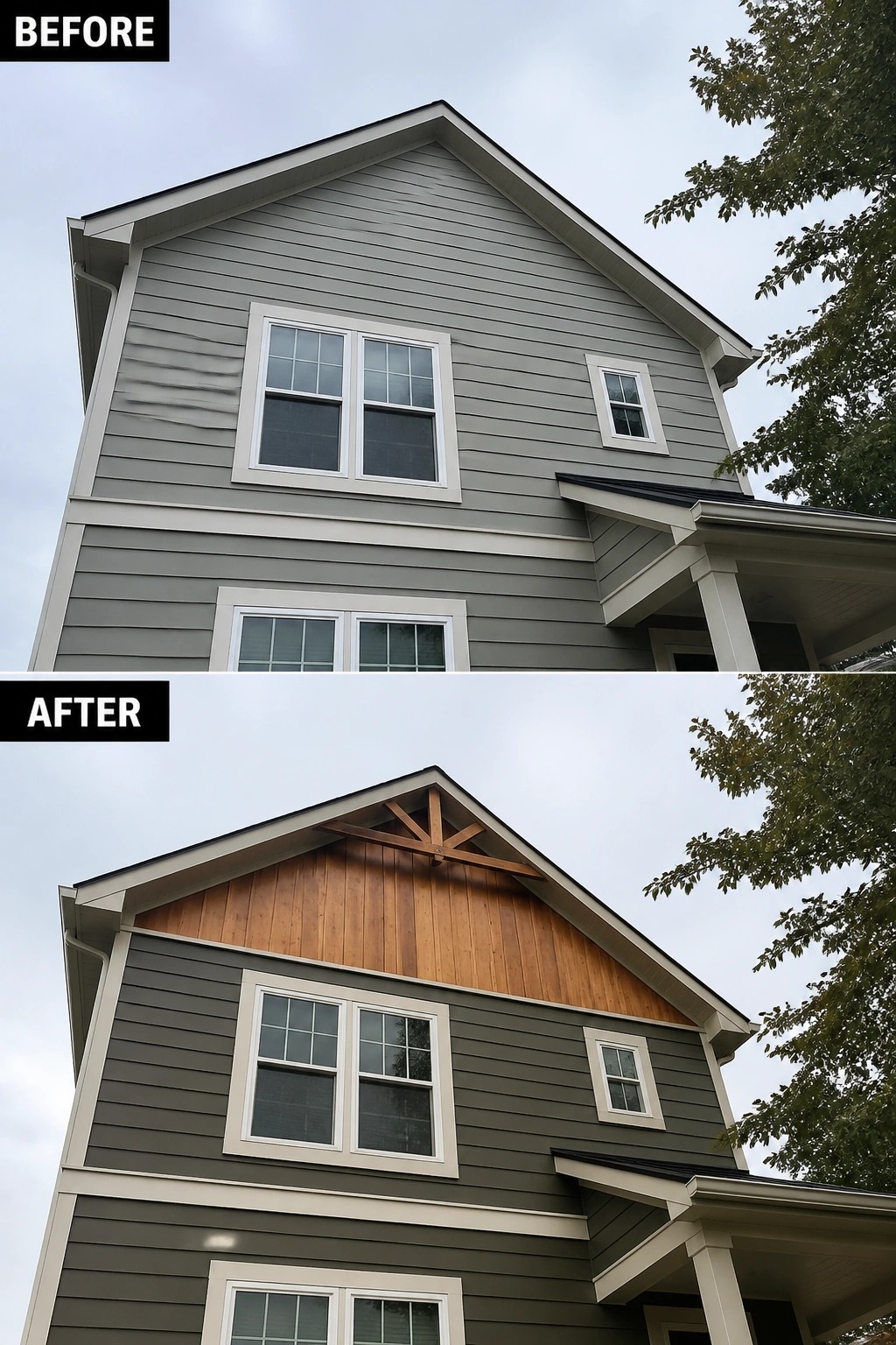 Before-and-after image of a house exterior showing the gable changed from uniform gray siding to wood cladding with a decorative wooden truss.