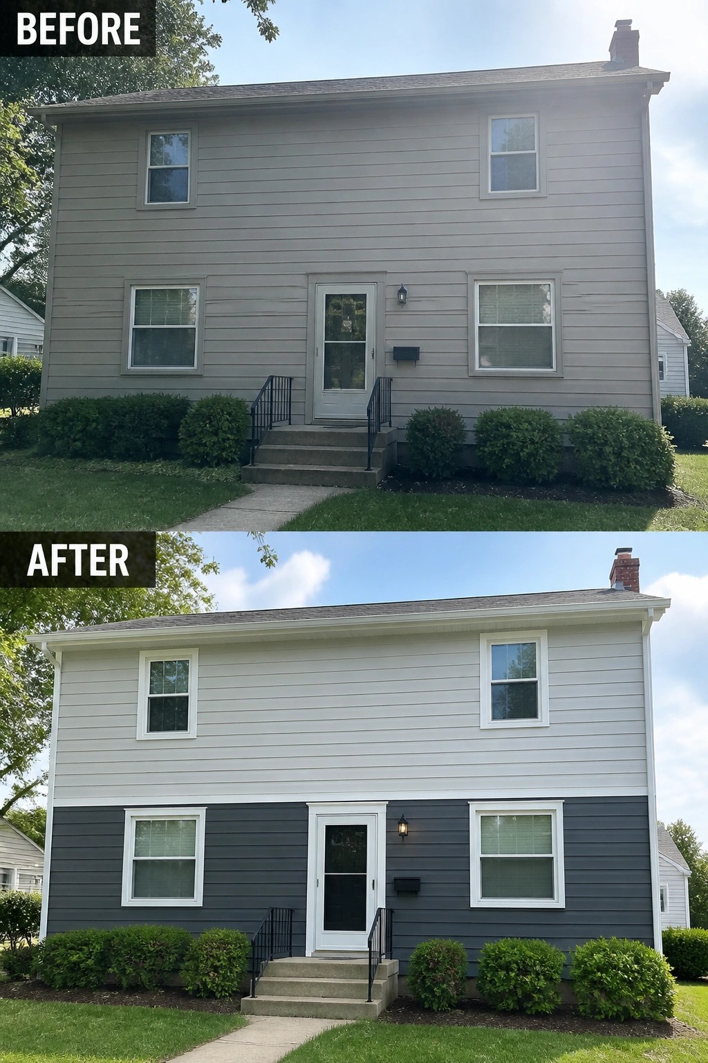 Before and after house with new white upper and dark gray lower siding
