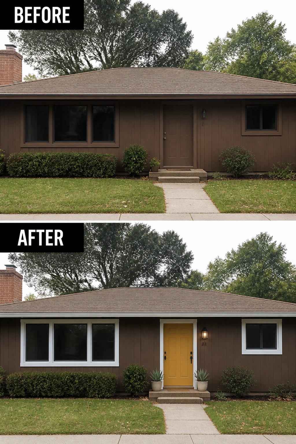 Before and after of brown house with new yellow door and white window trim.
