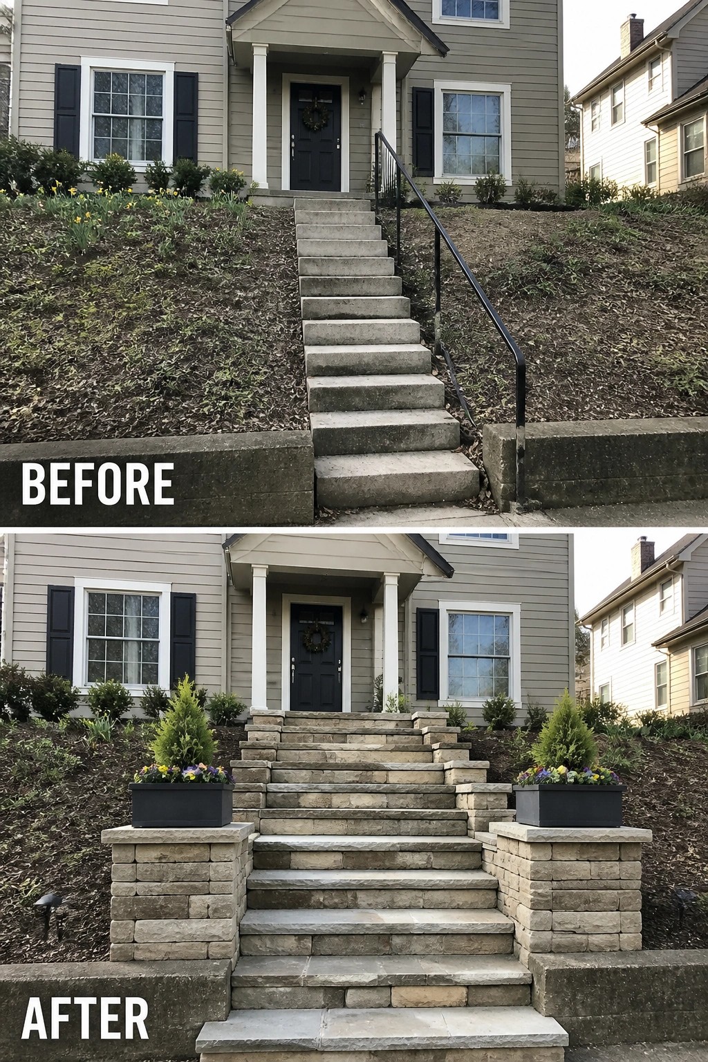 Before and after hillside house stairs upgraded from concrete to stone with planters.