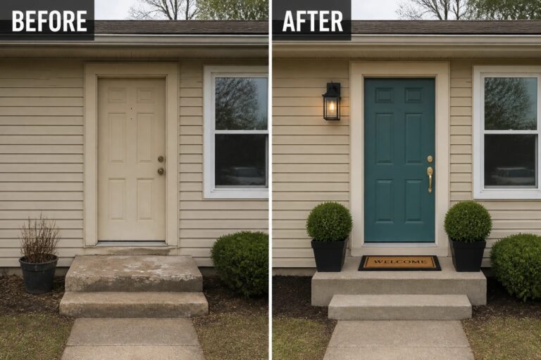 21 Simple Exterior Update Ideas for Houses That Look Flat From The Street Before-and-after image of a house front entrance showing the door painted from beige to teal with two planters added on the steps.