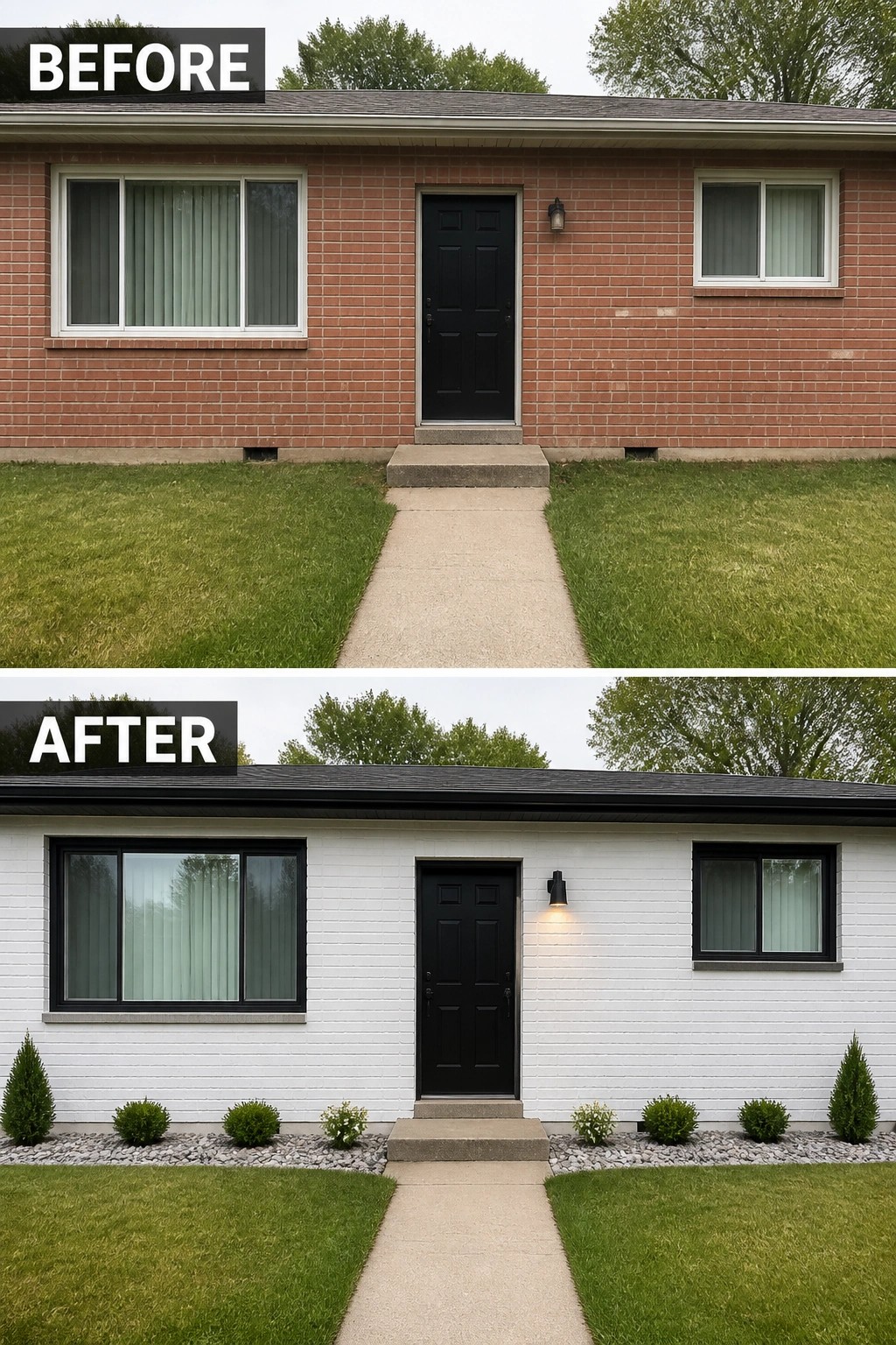 Before-and-after image of a brick house exterior painted white with black trim and new gravel planting beds added along the front.