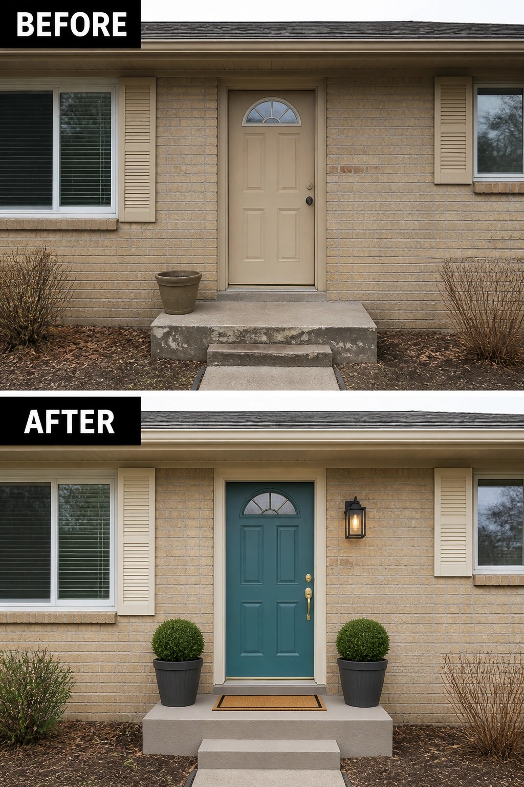 Before-and-after image of a house front entrance showing the door painted from beige to teal with two planters added on the steps.