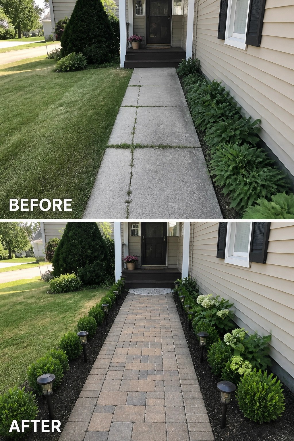 Before-and-after image of a concrete walkway replaced with pavers and bordered by garden beds and pathway lights.