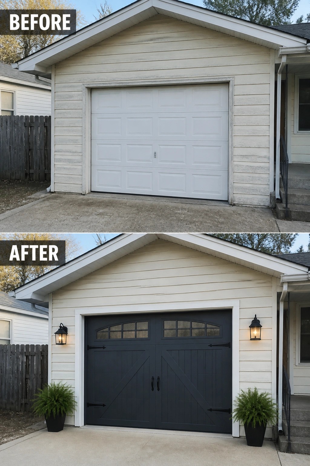 Before-and-after image of a house exterior with a plain white garage door changed to a dark carriage-style door with added lanterns and planters.