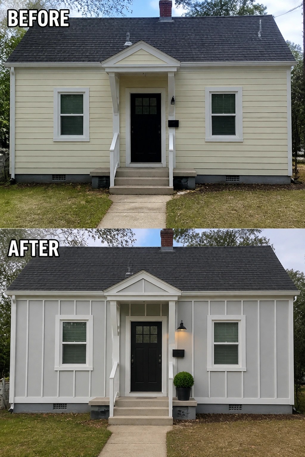 Before-and-after image of a house exterior repainted from pale yellow to soft gray with updated siding lines and a new porch light.