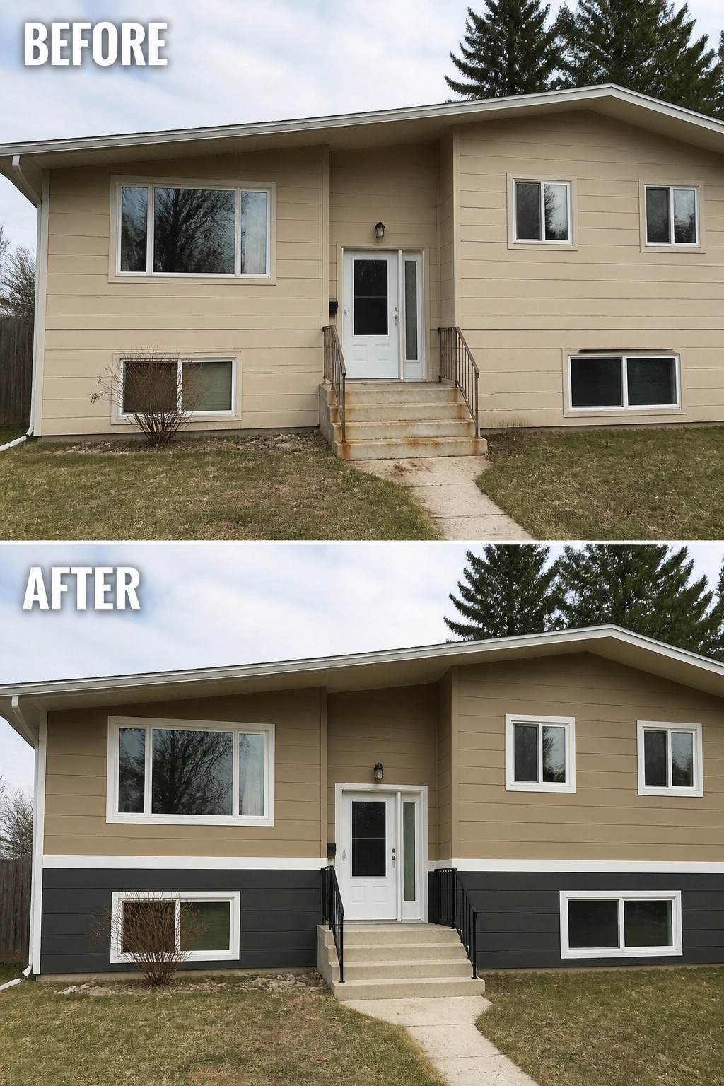 Before-and-after image of a house exterior updated with a dark gray lower band and white trim accents.