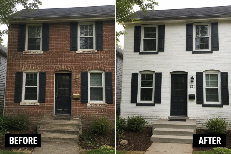 Before-and-after image of a red brick house exterior painted white with black shutters and trim.