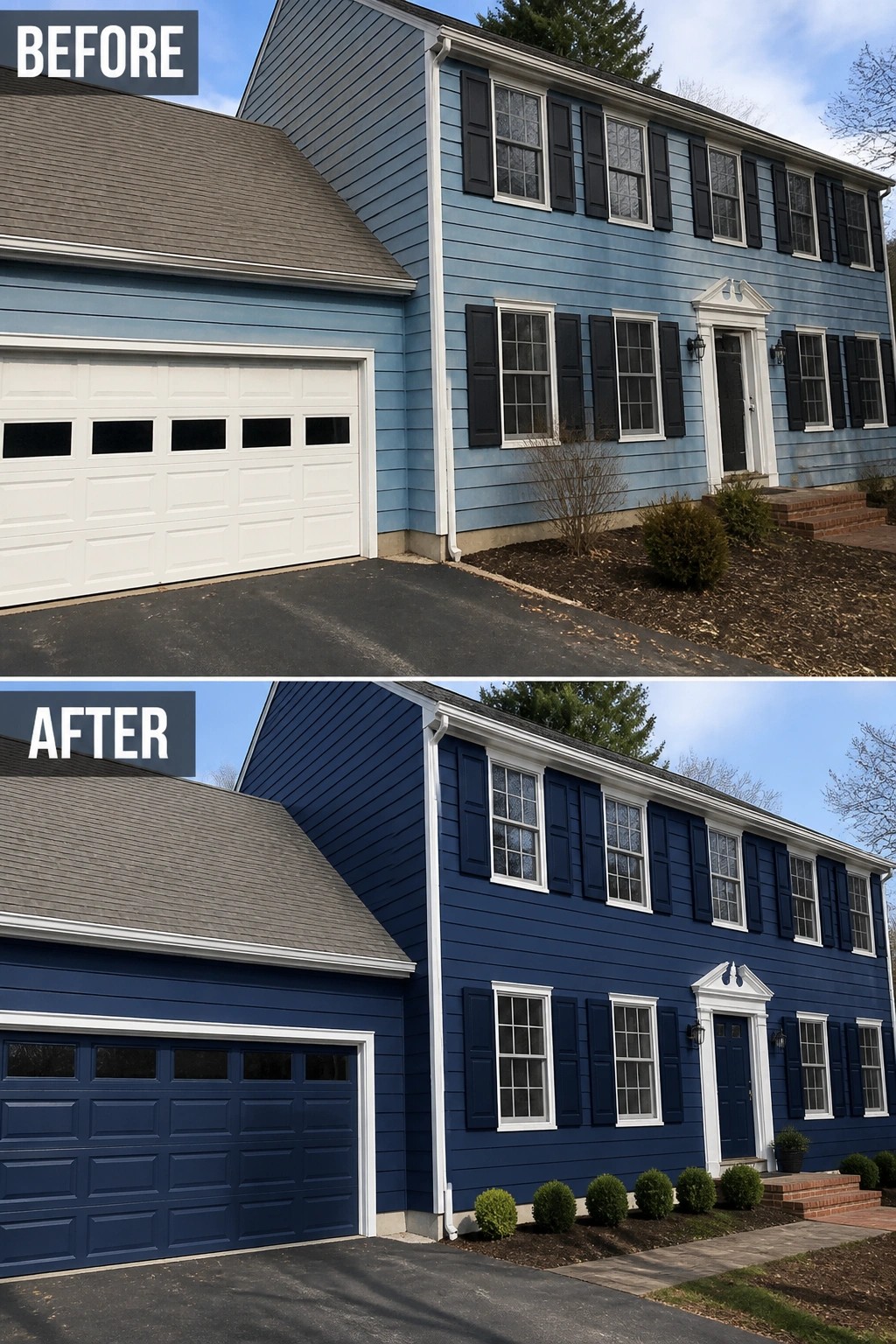 Before and after house exterior repainted light blue to dark navy with matching shutters.