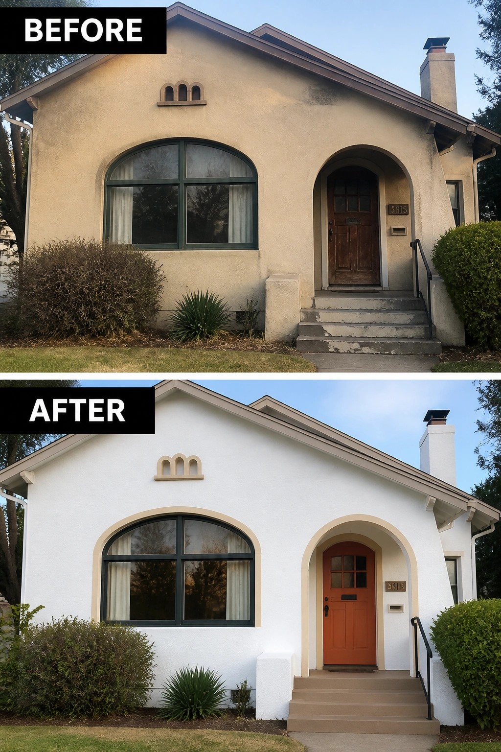 Before and after of beige house repainted white with orange door and brown steps.