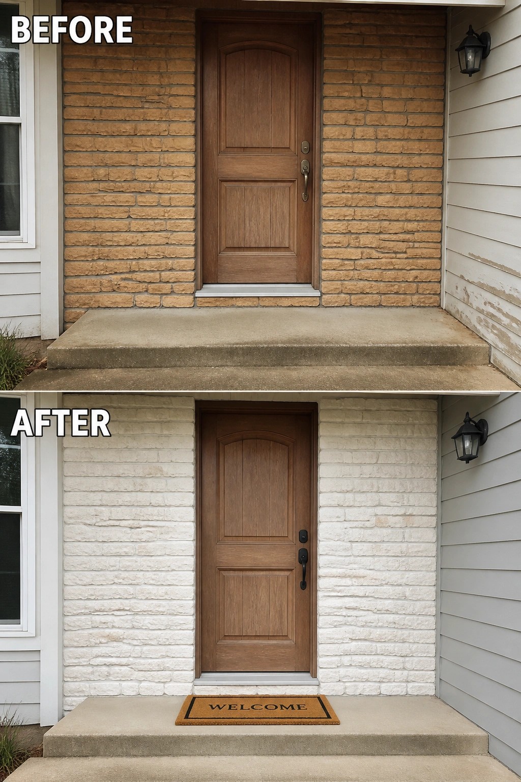 Before and after home entrance with brown brick replaced by white stone.