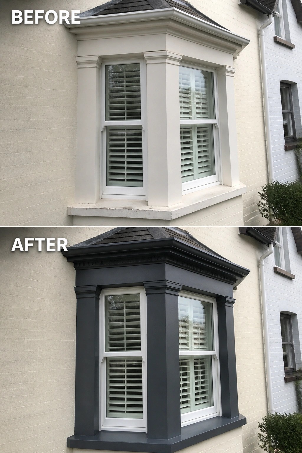 Before-and-after image of a house bay window where the light-colored surround and trim were painted dark gray.