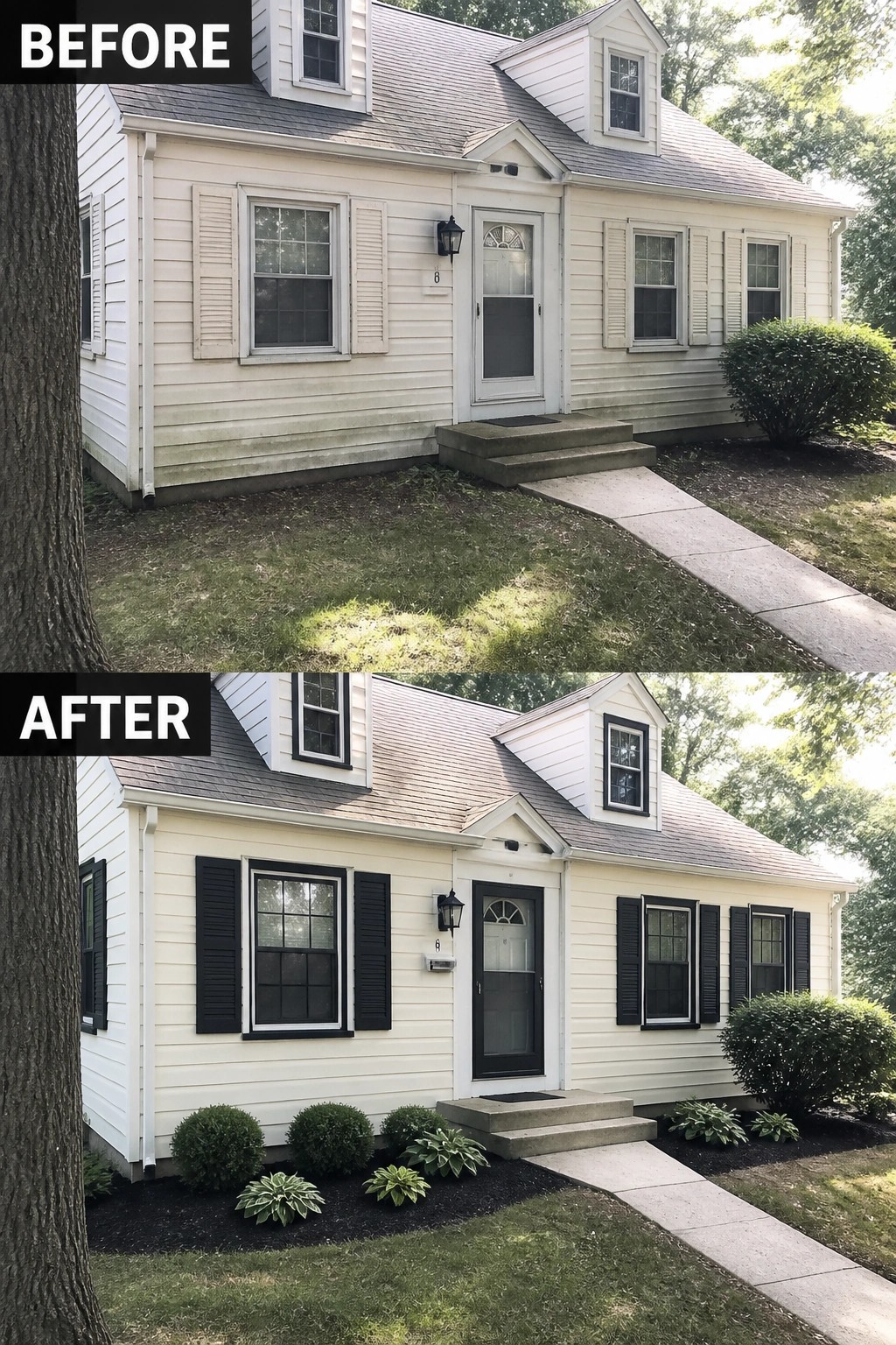 Before-and-after image of an older house exterior with white shutters and door changed to black for stronger contrast.