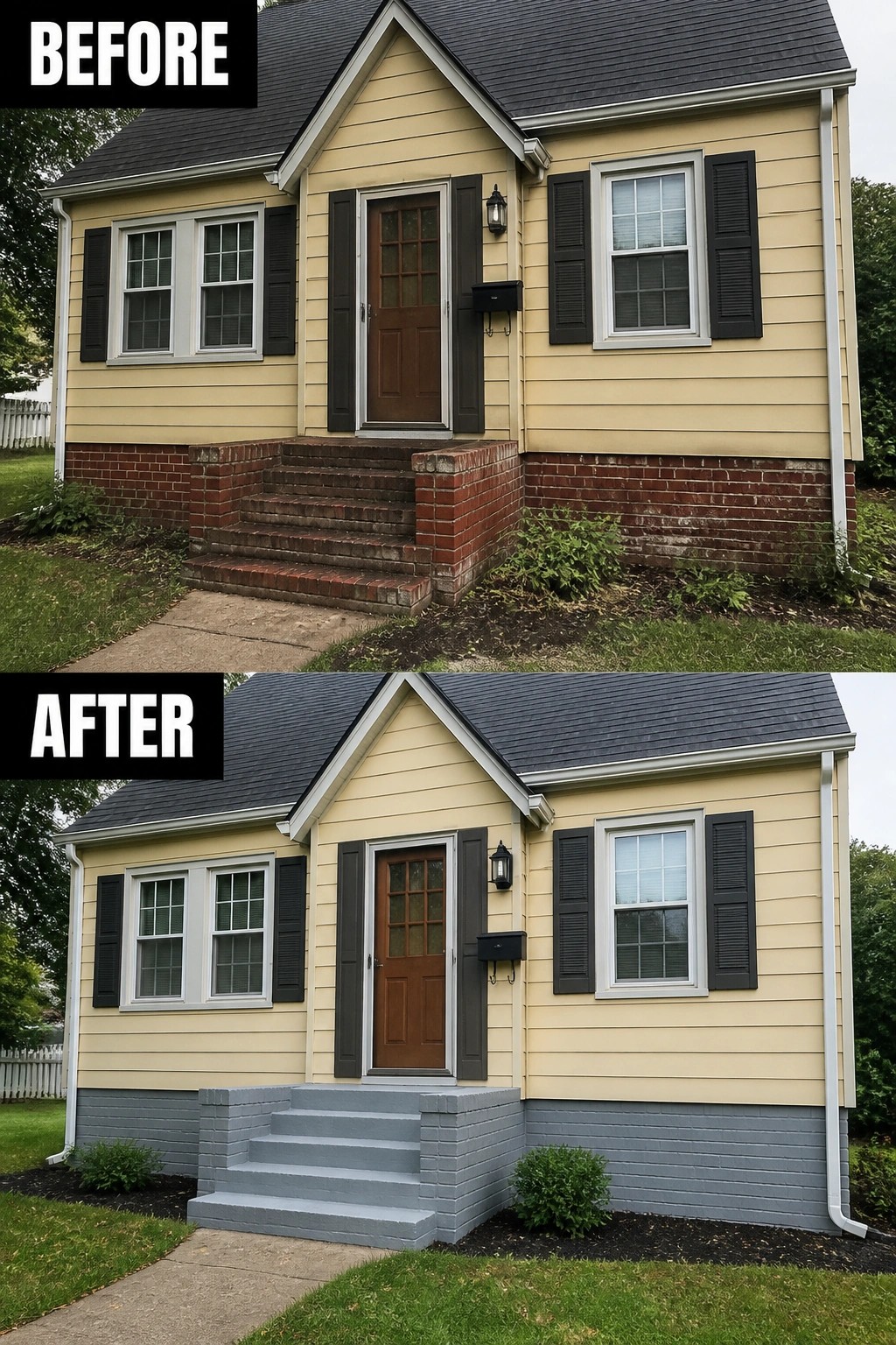 Before and after view of yellow house with gray-painted brick foundation and steps.