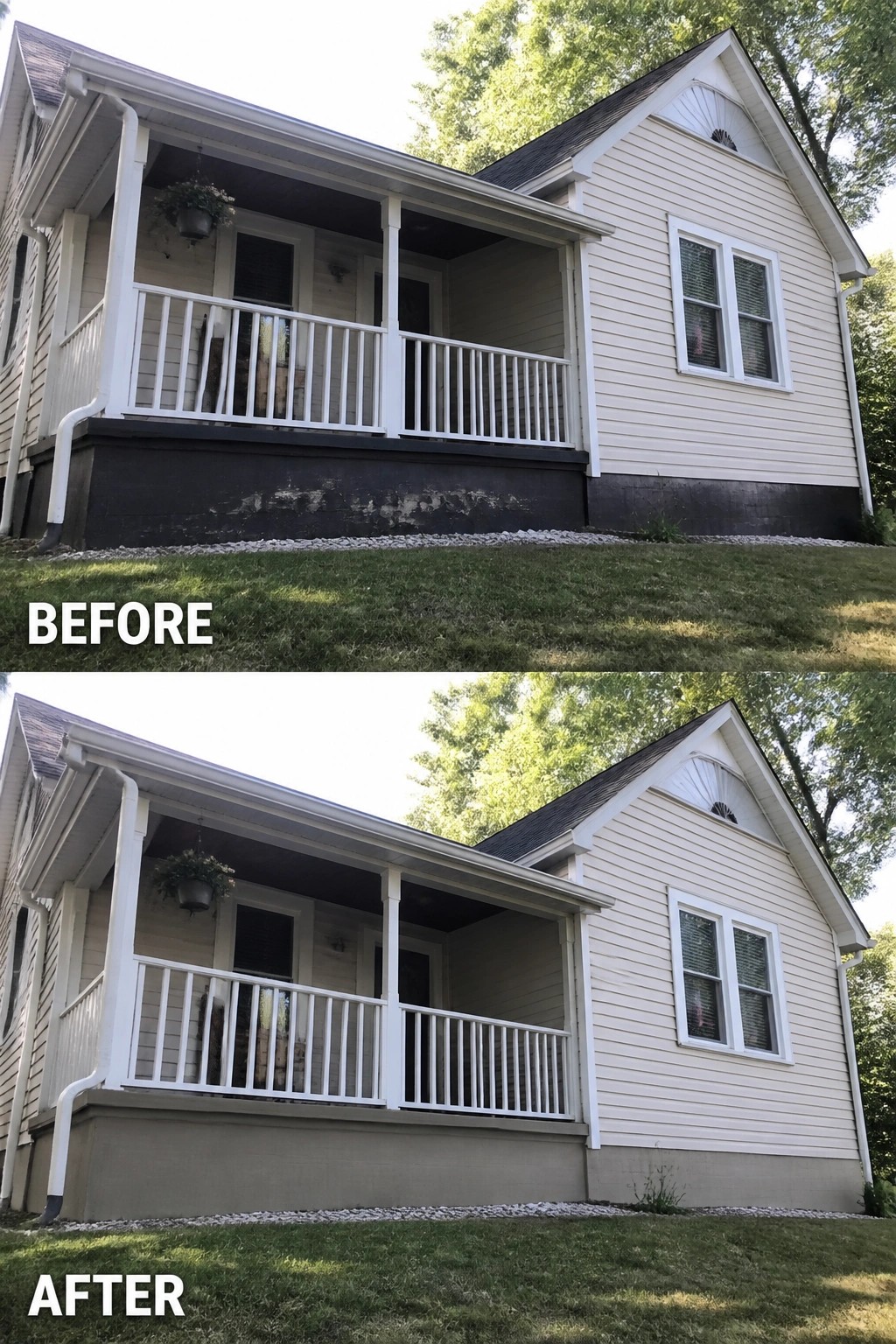 Before-and-after image of an older home exterior with the foundation changed from dark paint to a lighter shade that blends with the siding.