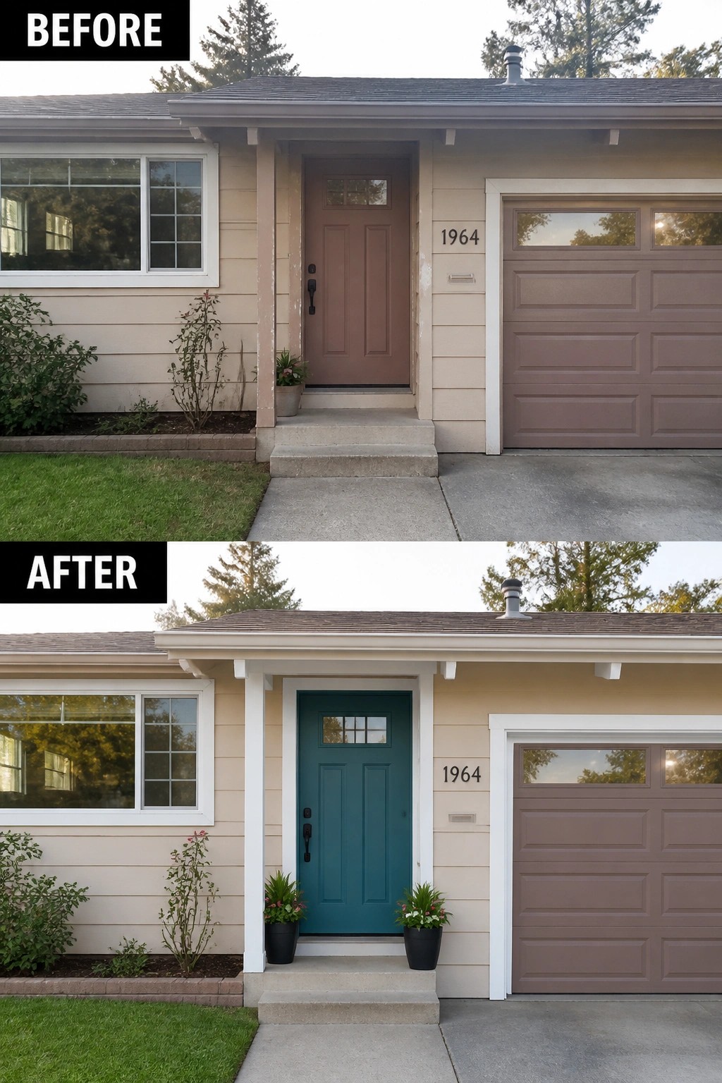 Before-and-after view of house with front door painted from brown to teal.