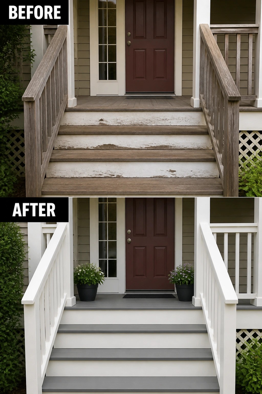 Before and after of front porch with white railings and gray stairs