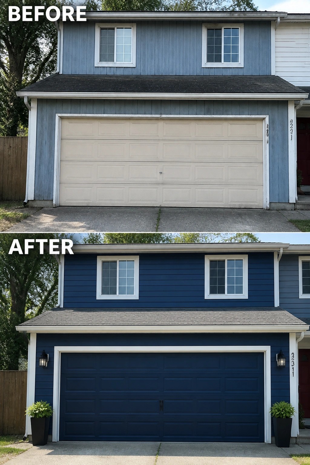 Before and after of house with dark blue siding and matching garage door.