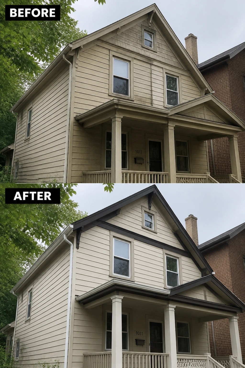 Before and after house exterior with updated dark trim and white porch columns