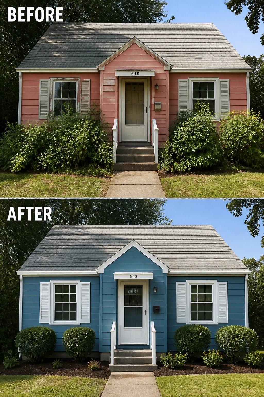 Before and after of pink house repainted blue with trimmed landscaping.