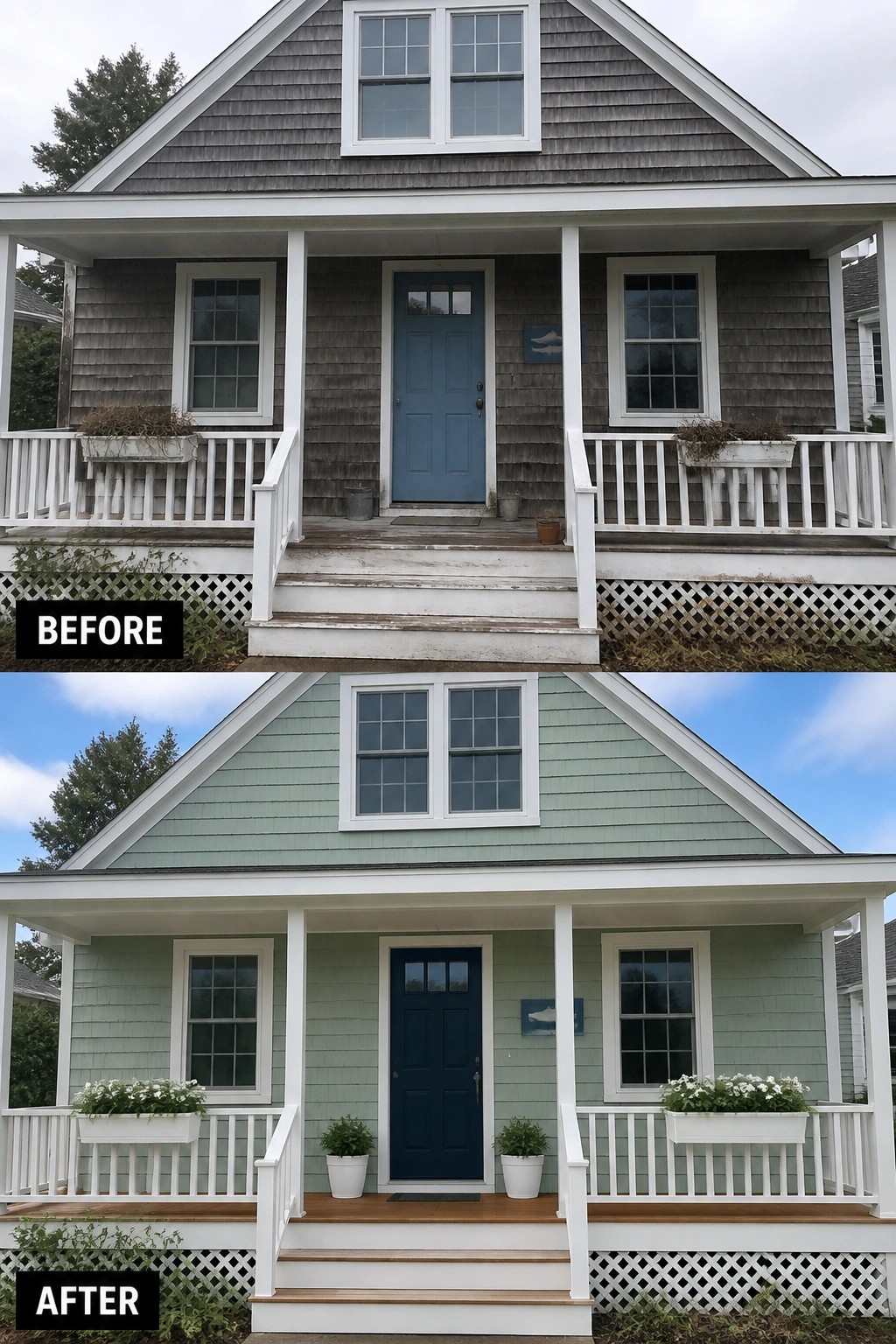 Before and after house exterior painted from gray to light green with flower boxes