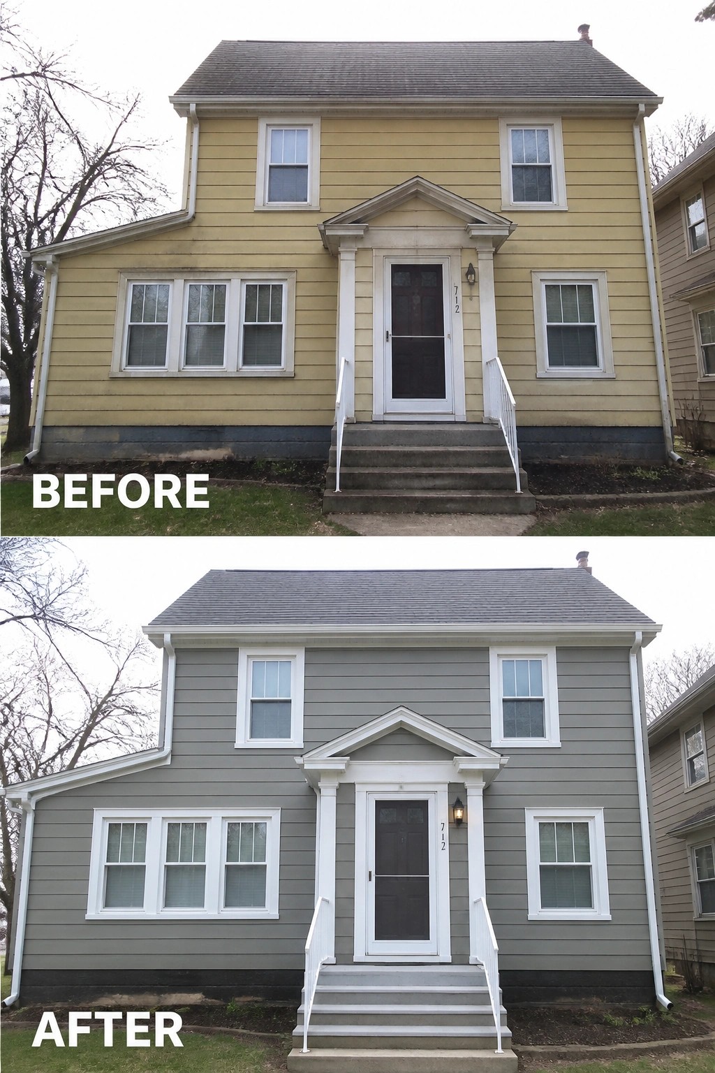 Before and after of two-story house repainted from yellow to gray siding
