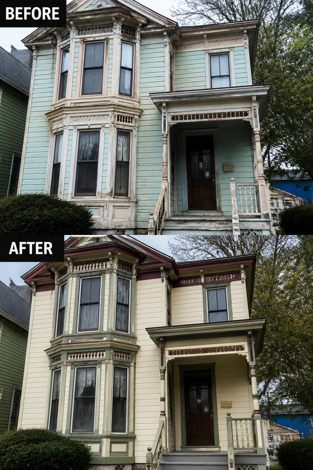 Before-and-after image of an older house exterior repainted from faded pastel colors with peeling paint to a fresh cream body with green trim and maroon accents.