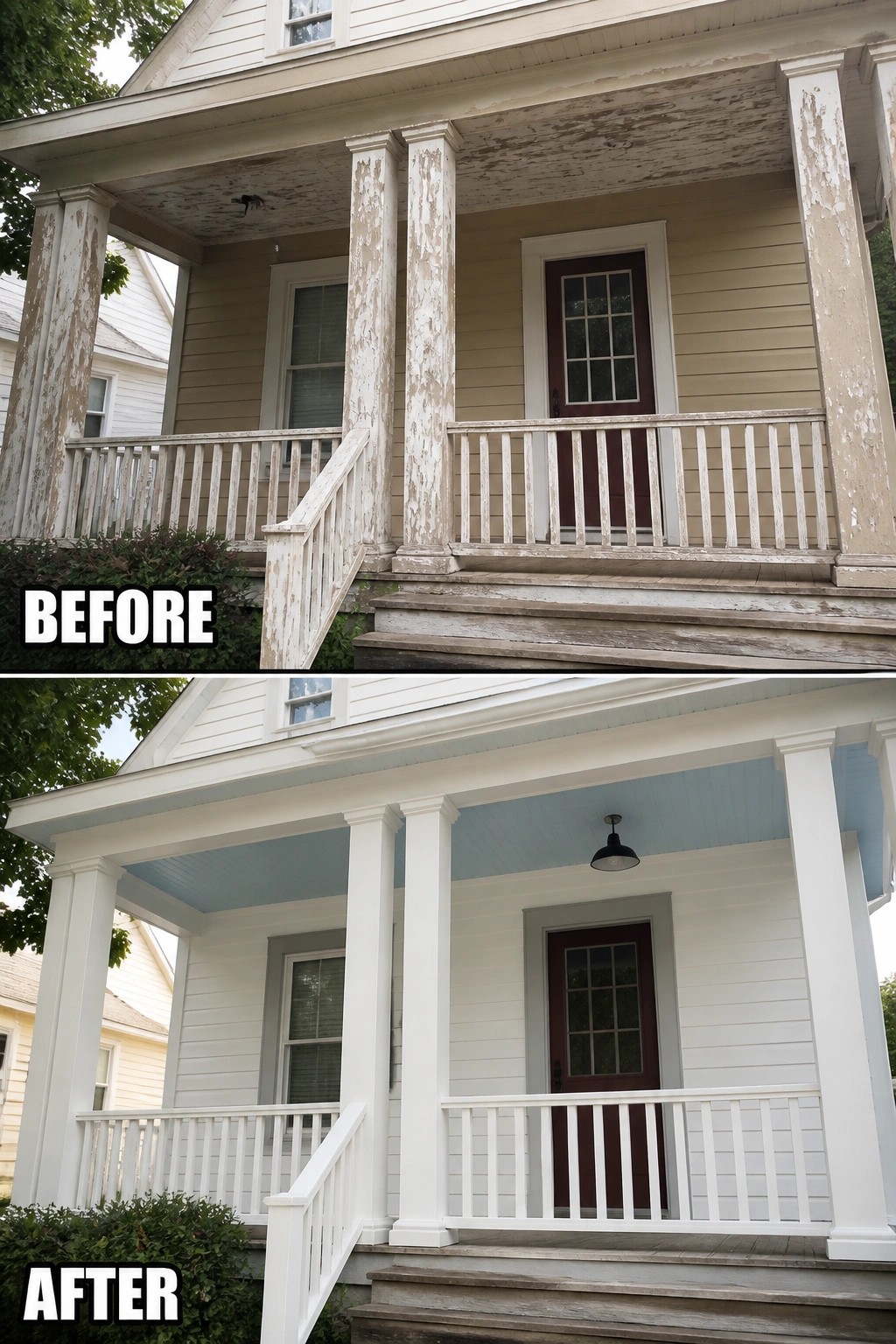 Before and after of peeling porch paint restored to fresh white with blue ceiling