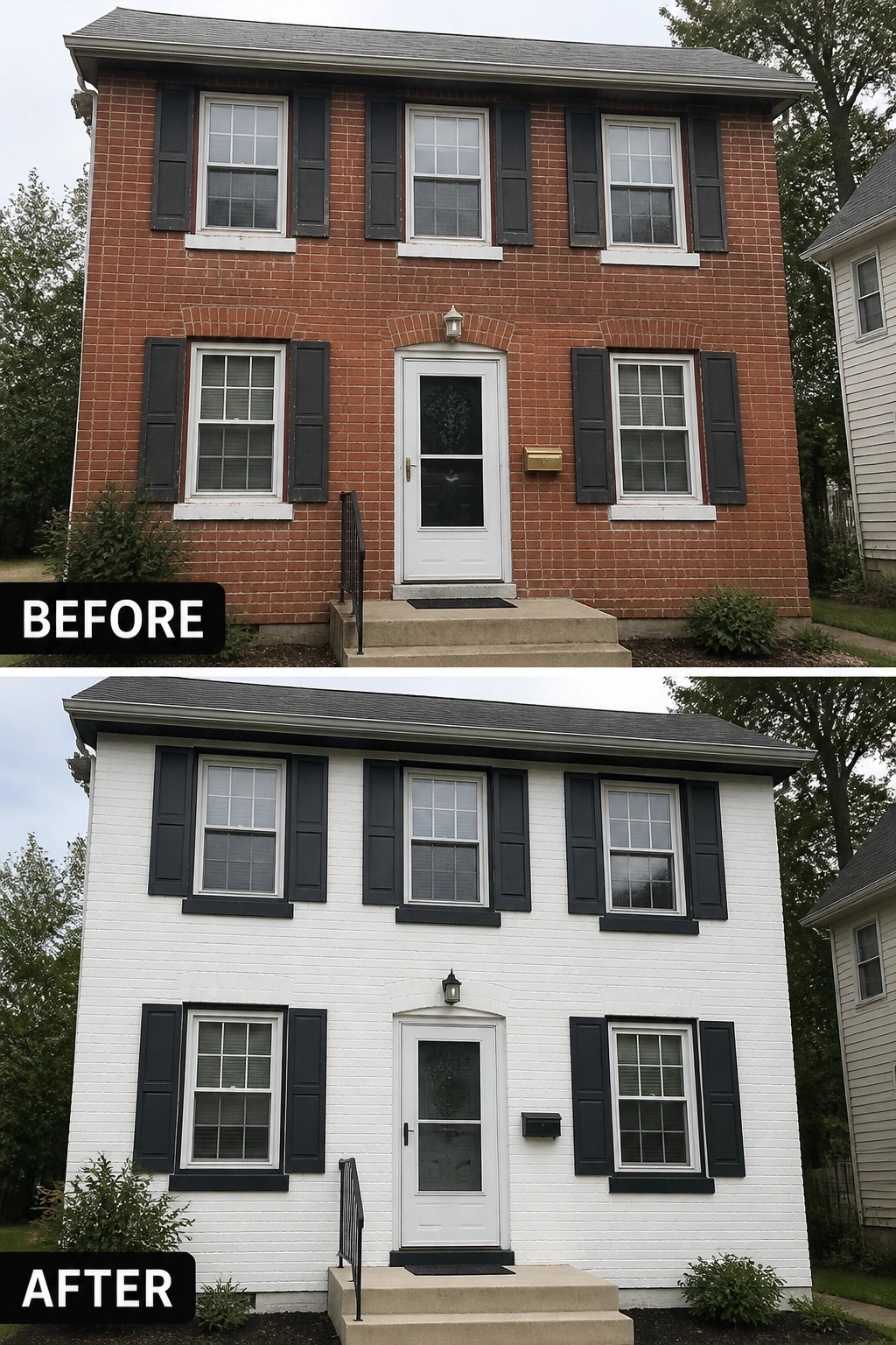 Before-and-after image of a red brick house exterior painted white with black shutters and trim.