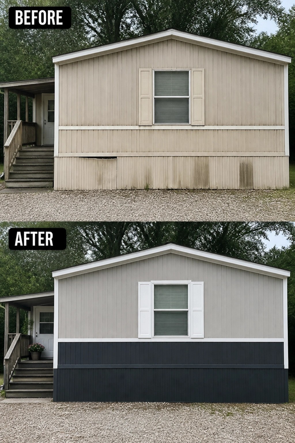 Before-and-after image of a home exterior showing lower siding painted dark gray with updated white shutters.