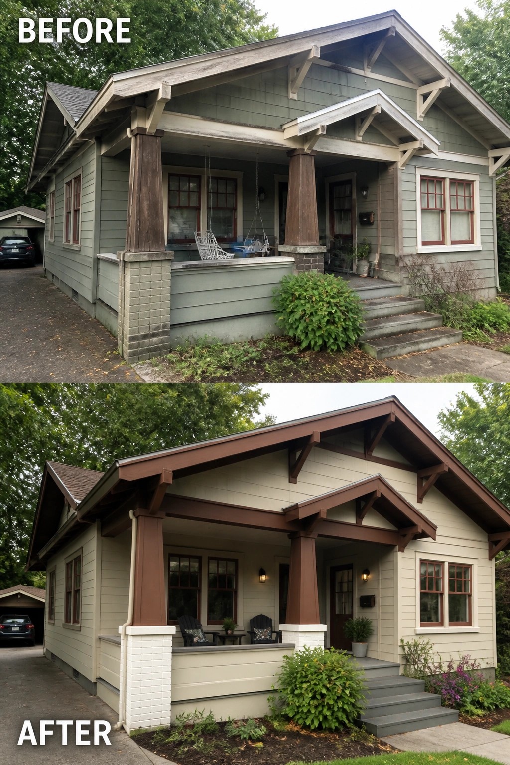 Before-and-after image of an older home exterior showing faded green siding and trim changed to a light base color with dark brown trim on the porch and roofline.