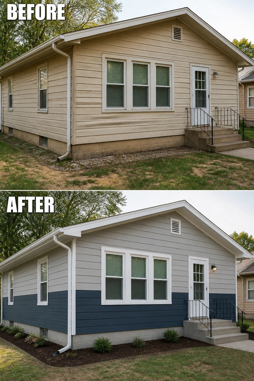 Before and after house with beige siding changed to gray and navy, plus new landscaping.