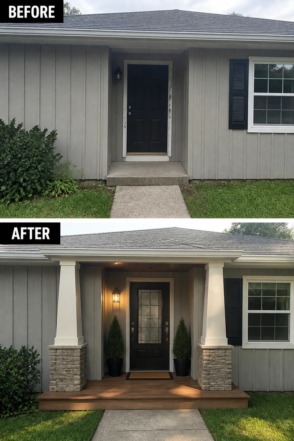 Before and after of gray house entrance with new porch, columns, and deck.