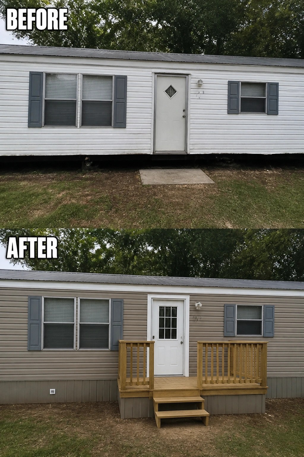 Before and after of mobile home with new siding, door, and wooden deck.