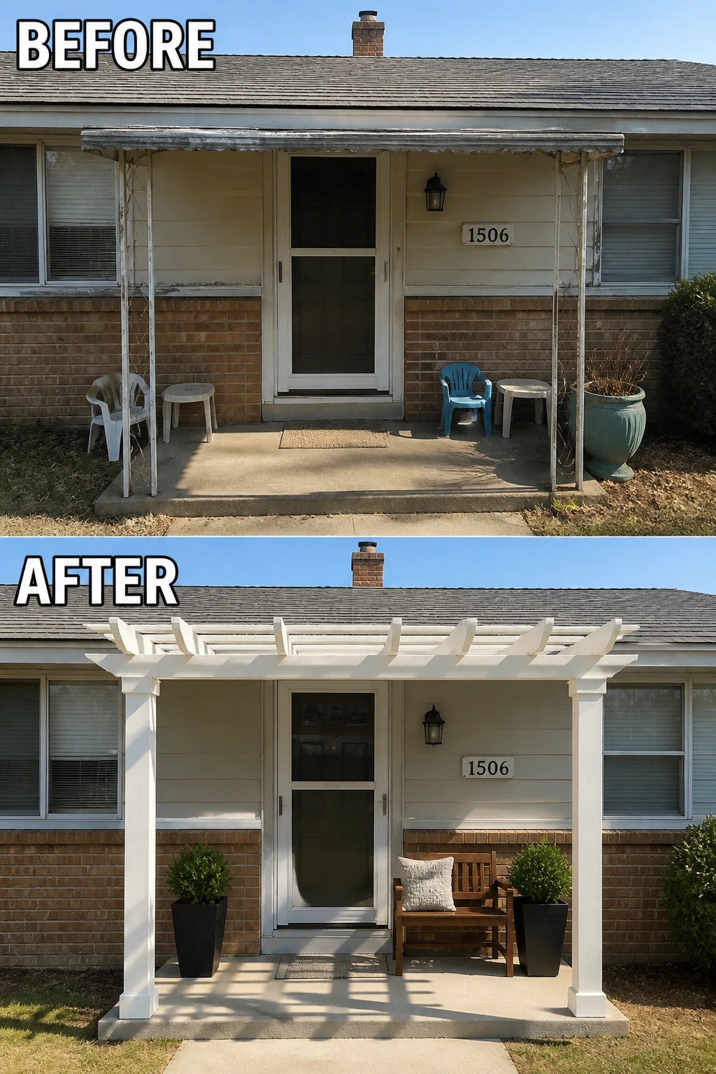 Before and after house porch: old awning replaced by white pergola with bench