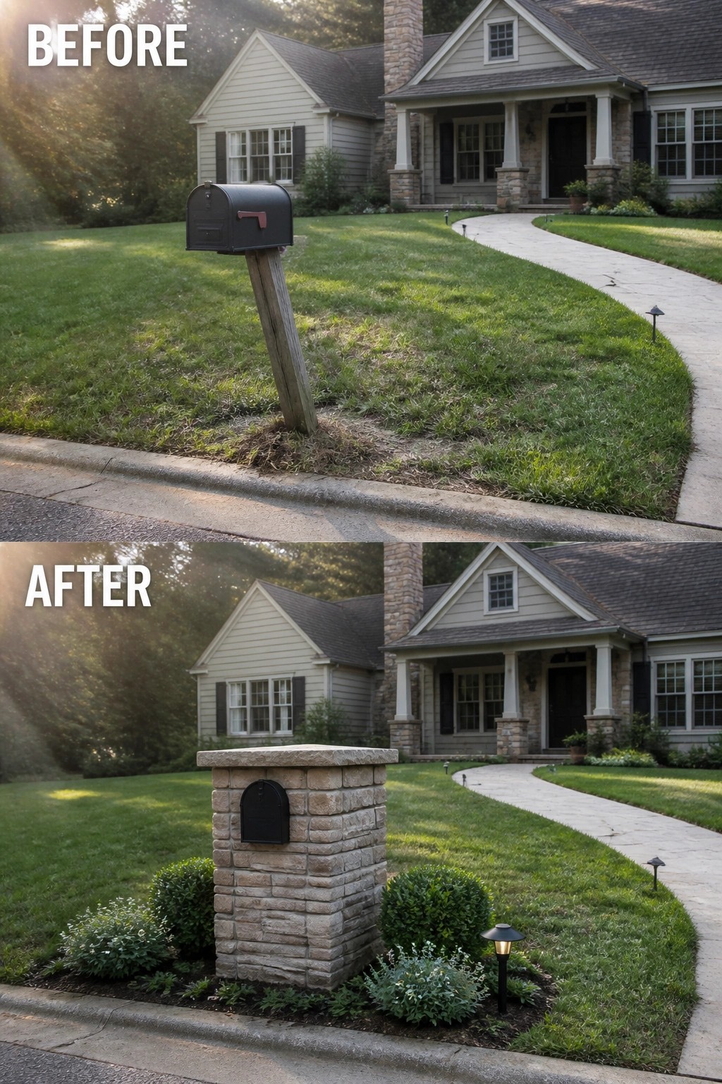 Before and after: mailbox on leaning post replaced by stone pillar with landscaping