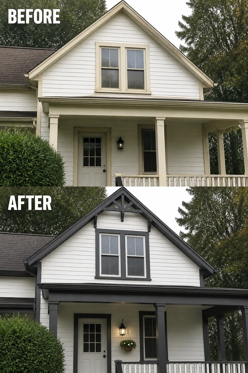 Before-and-after image of a house exterior with light trim updated by dark trim, added gable brackets, and painted porch details.