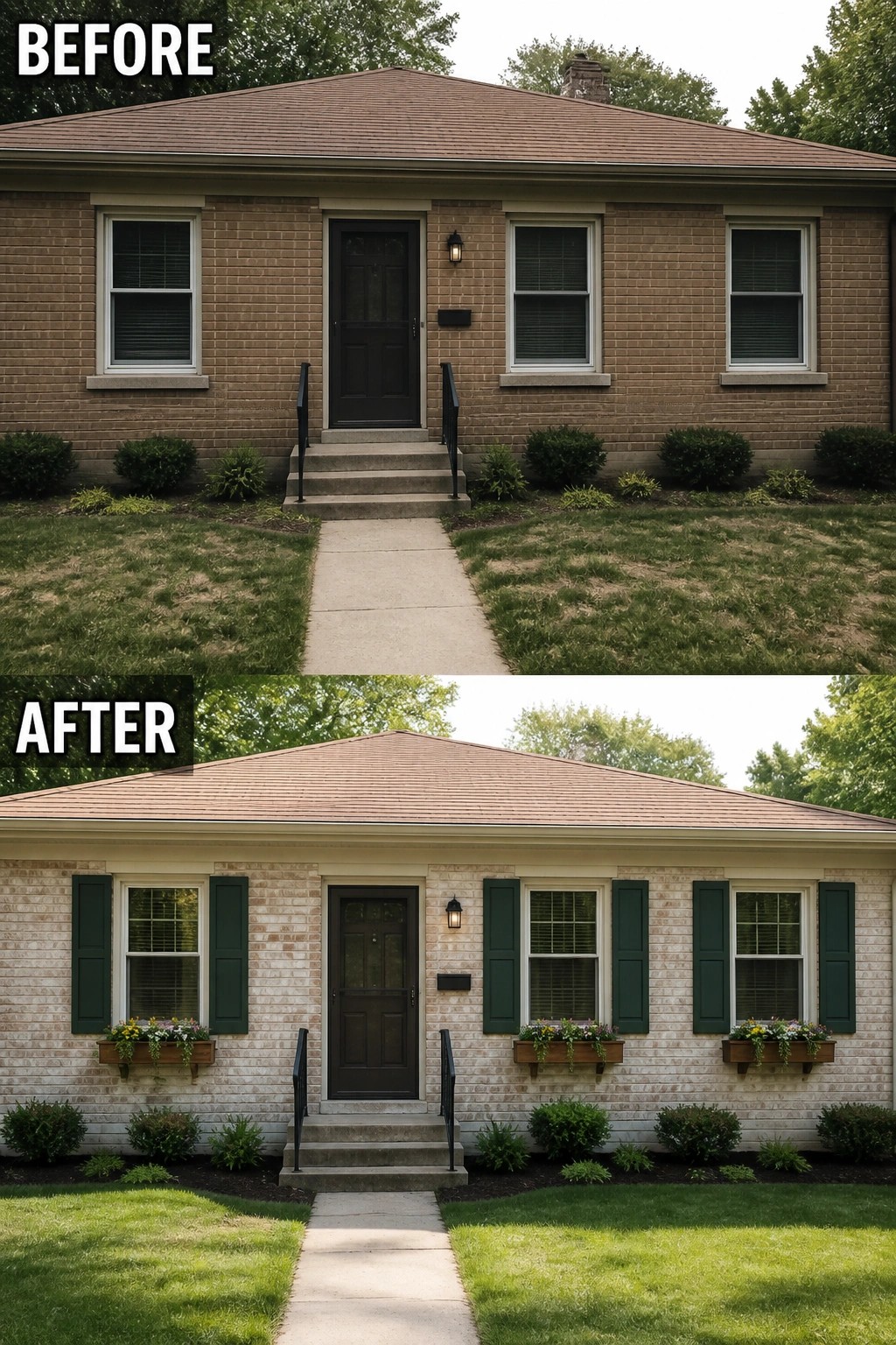 Before-and-after image of a suburban brick house exterior updated with dark green shutters and flower boxes under the windows.