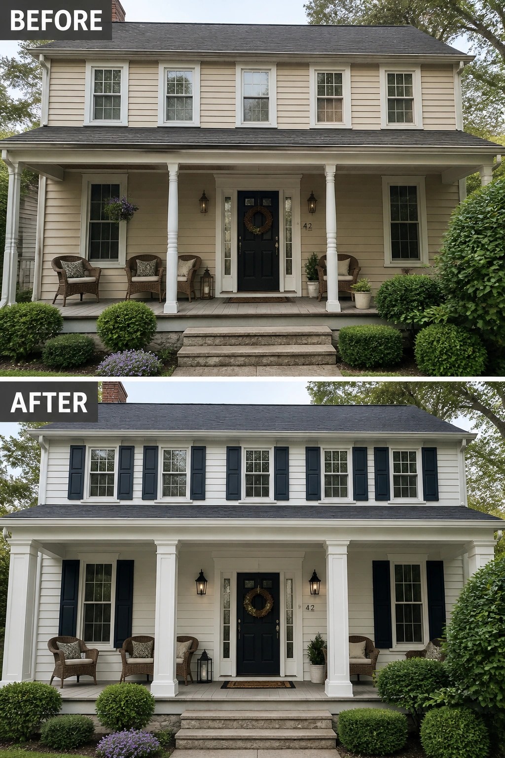 Before and after house exterior painted white with dark blue shutters added
