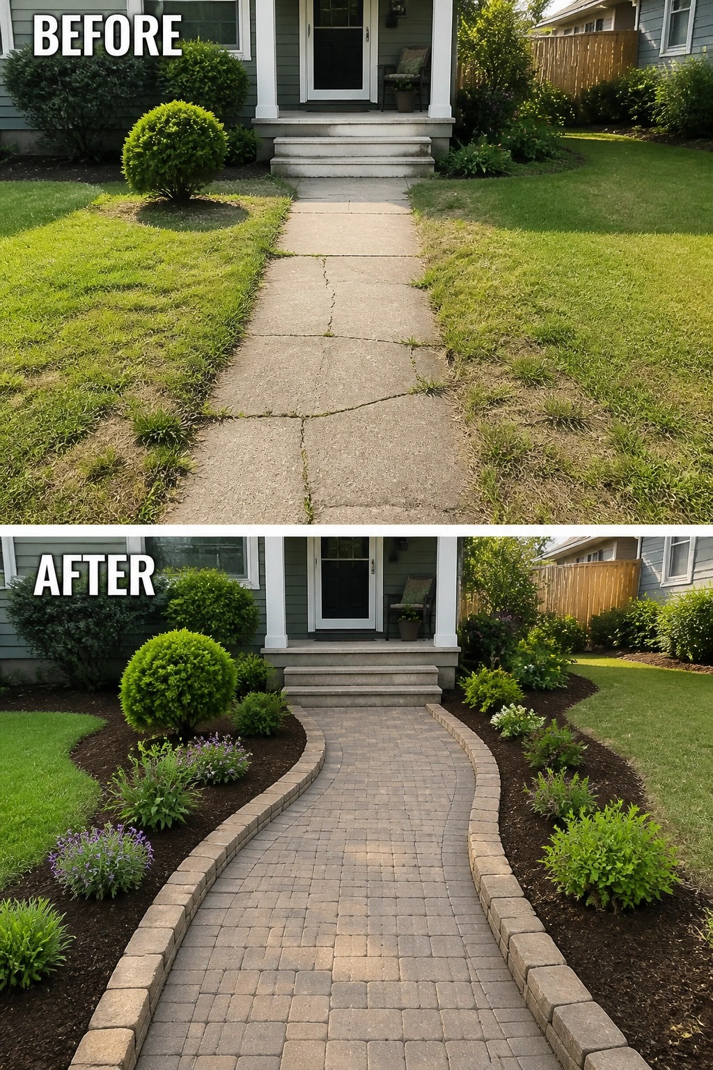 Before and after of cracked concrete path upgraded to curved paver walkway with landscaping.