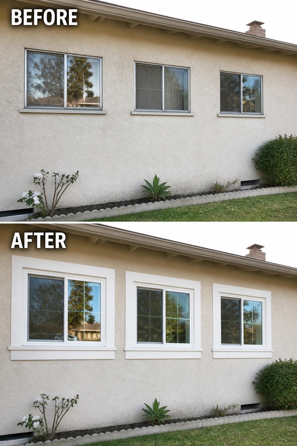 Before and after of house with added white window trim and frames
