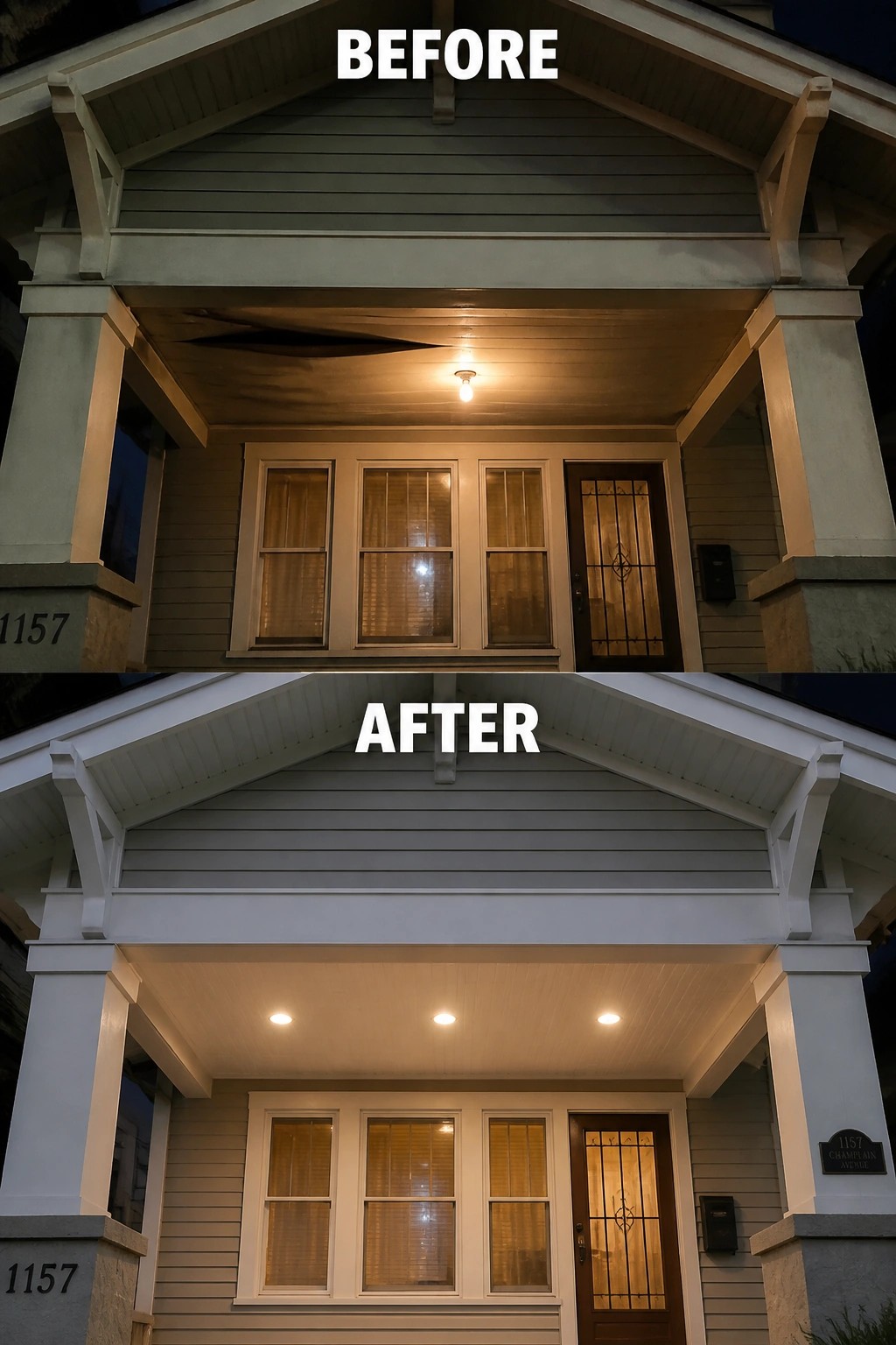 Before and after porch renovation with new recessed lighting and white trim.