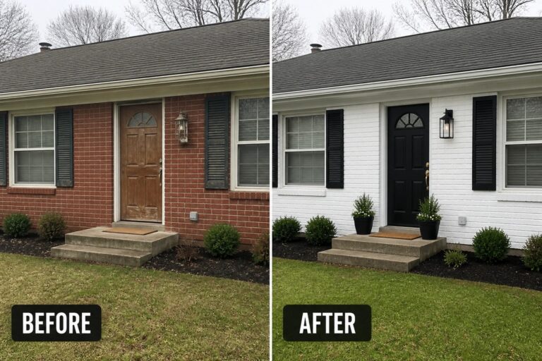Before and after of brick house painted white with updated black door and plants.